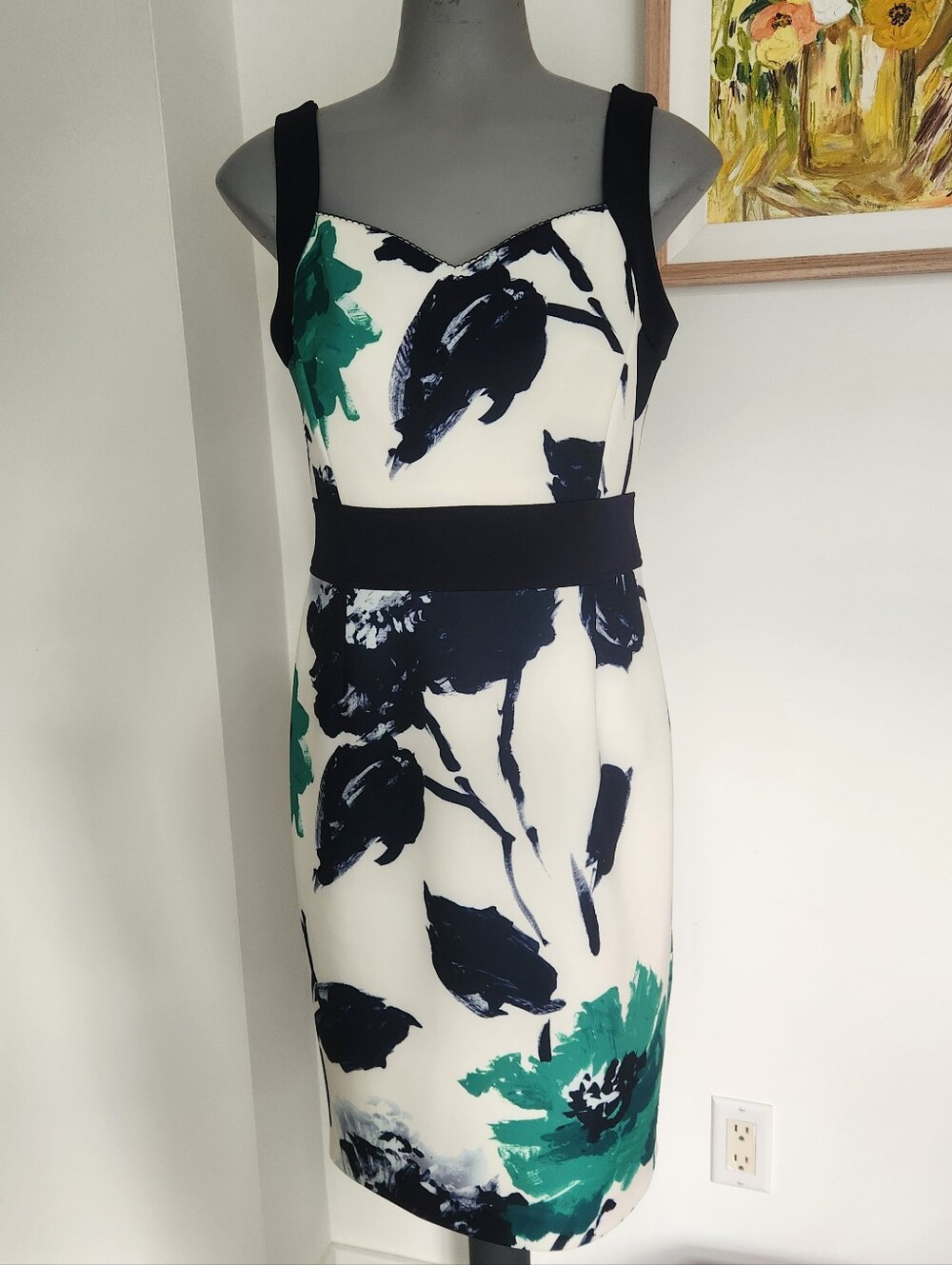 Iris Setlakwe Floral Sheath Dress with Dark Blue Accents - White, Blue & Green